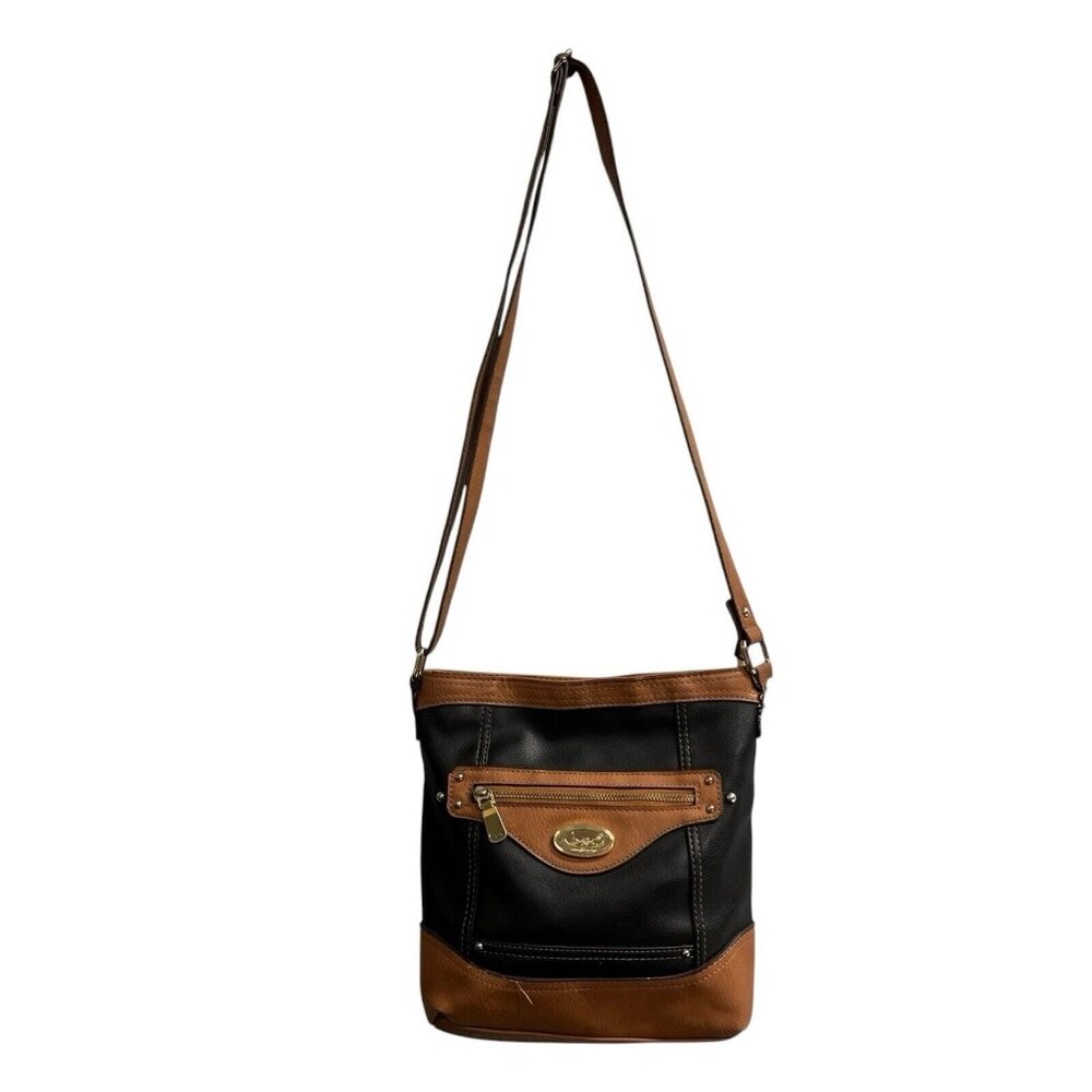 BOC‎ Crossbody Bag Black Brown Trim Embossed Faux Leather Internal Power Bank